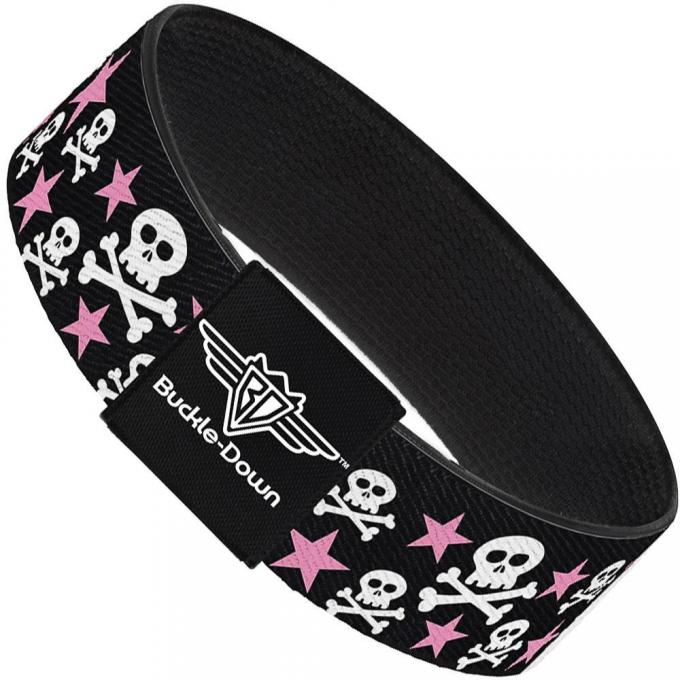 Buckle-Down Elastic Bracelet - Skulls & Stars Black/White/Pink