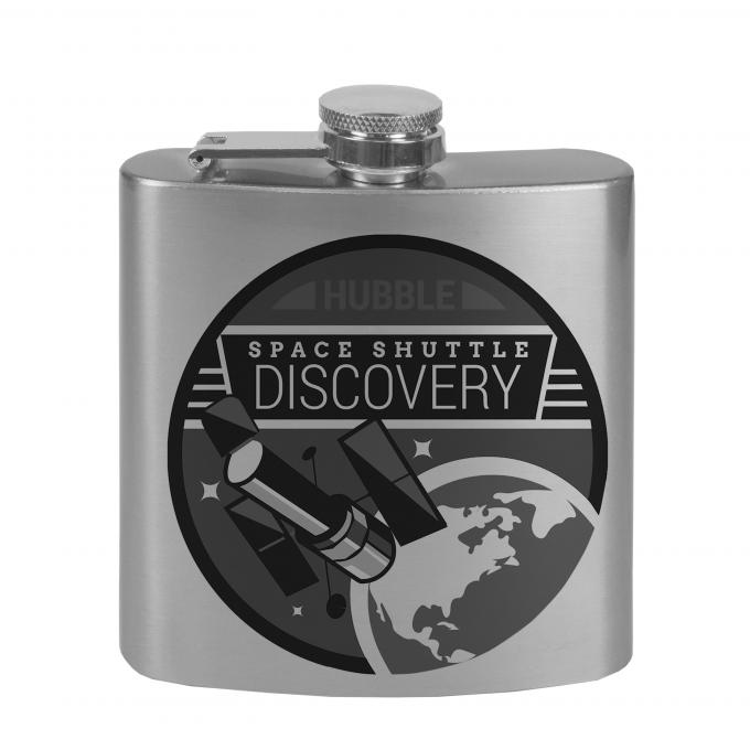Stainless Steel Flask - 6 OZ - SPACE SHUTTLE DISCOVERY Hubble Telescope Tonal Grays