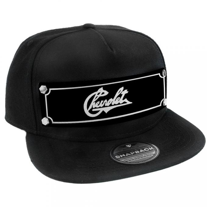 Embellishment Trucker Hat BLACK - Full Color Strap - CHEVROLET Heritage Script Black/White
