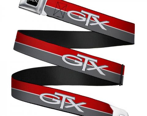 Plymouth GTX Emblem Full Color Black/Silver Fade/White Seatbelt Belt - Plymouth GTX Emblem/Stripe Red/White/Grays Webbing