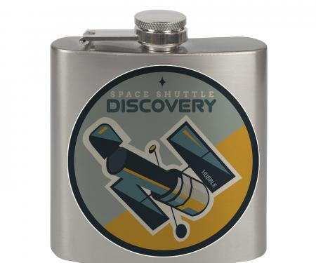 Stainless Steel Flask - 6 OZ - SPACE SHUTTLE DISCOVERY Hubble Telescope2 Blues/Gray/Yellow