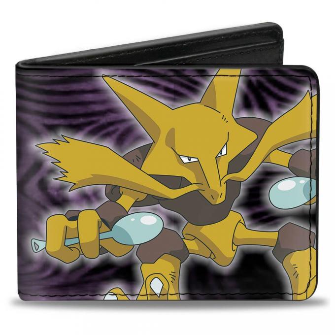 Bi-Fold Wallet - Alakazam Spoon Pose + POKEMON Logo/Swirls Black/Purples