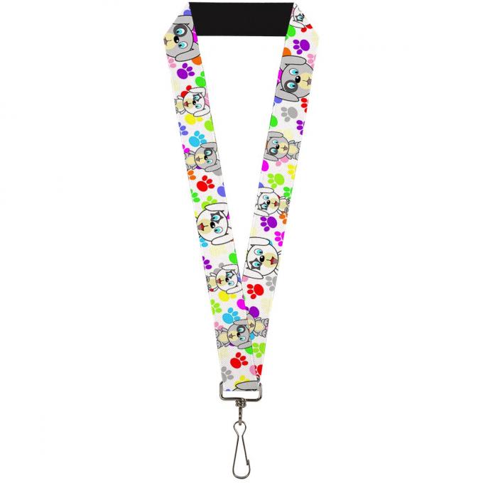 Buckle-Down Lanyard - Puppies w/Paw Prints White/Multi Color