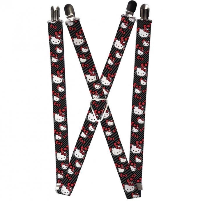 Suspenders - 1.0" - Hello Kitty Multi Face w/Diagonal Stripes/Bows Black/Gray/Red
