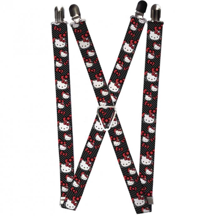 Suspenders - 1.0" - Hello Kitty Multi Face w/Diagonal Stripes/Bows Black/Gray/Red