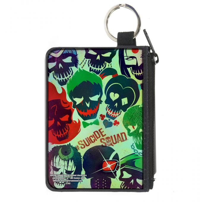 Canvas Zipper Wallet - MINI X-SMALL - SUICIDE SQUAD 10-Stylized Character Faces Scattered Greens/Multi Color