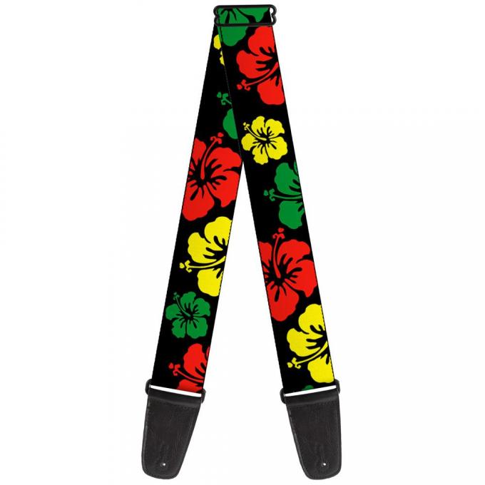 Guitar Strap - Hibiscus CLOSE-UP Black/Green/Yellow/Red