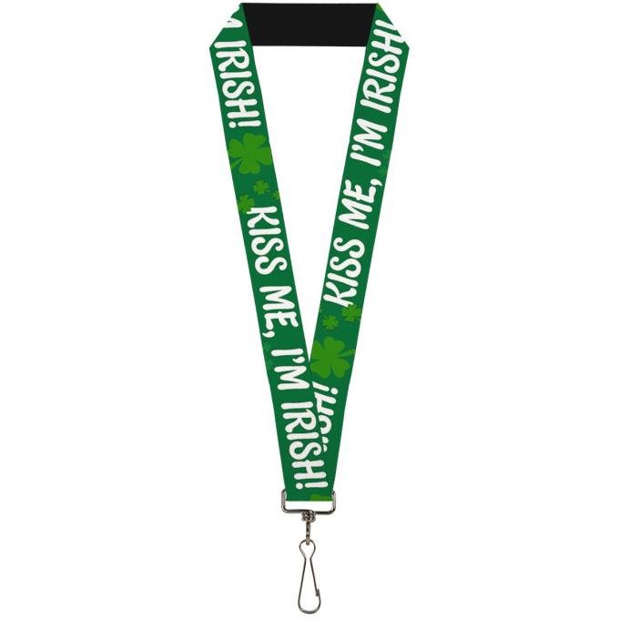 Buckle-Down Lanyard - KISS ME, I'M IRISH! Clovers Green/White