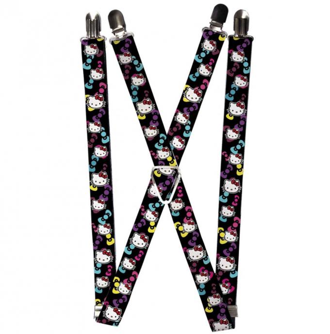 Suspenders - 1.0" - Hello Kitty Multi Face w/Bows Black/Purple/Turquoise/Yellow