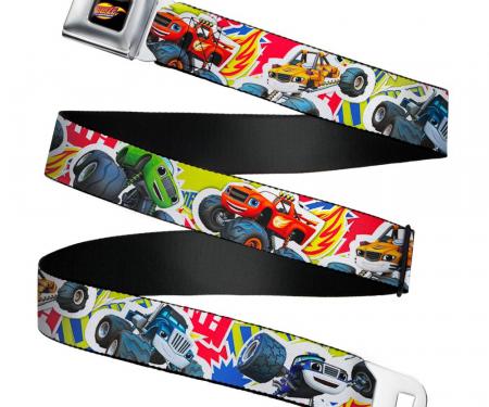 BLAZE AND THE MONSTER MACHINES Logo Black/Orange/Yellow/Purple Seatbelt Belt - Blaze & 5-Trucks/Flames Collage Green/Multi Color Webbing