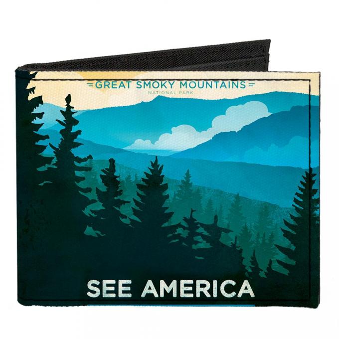 Canvas Bi-Fold Wallet - SEE AMERICA-NC GREAT SMOKY MTNS. Landscape Yellows/Blues/White