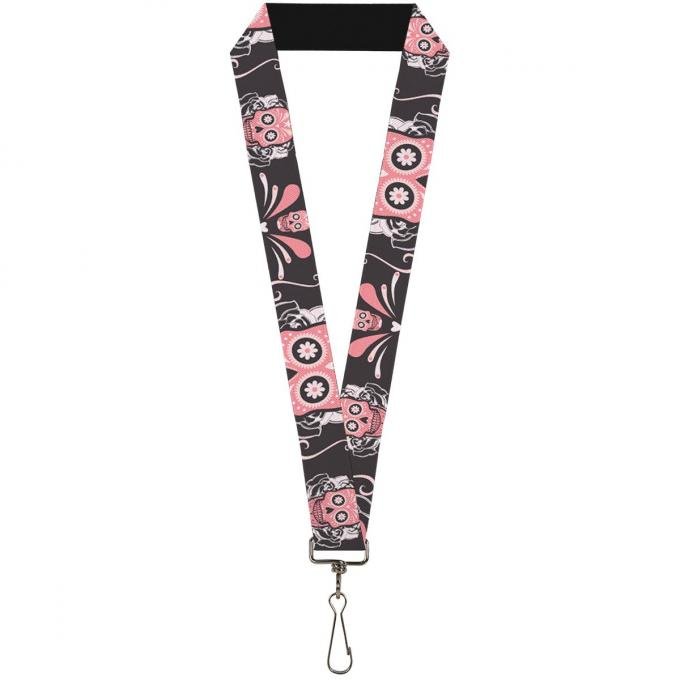 Buckle-Down Lanyard - Sugar Skulls Gray/Pink