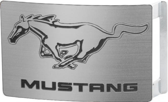 Ford Mustang w/Text Rock Star Buckle - Brushed Silver/Black