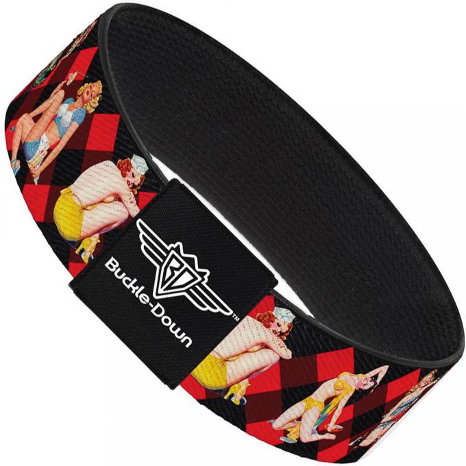 Buckle-Down Elastic Bracelet - Pin Up Girl Poses Buffalo Plaid Blocks Black/Red