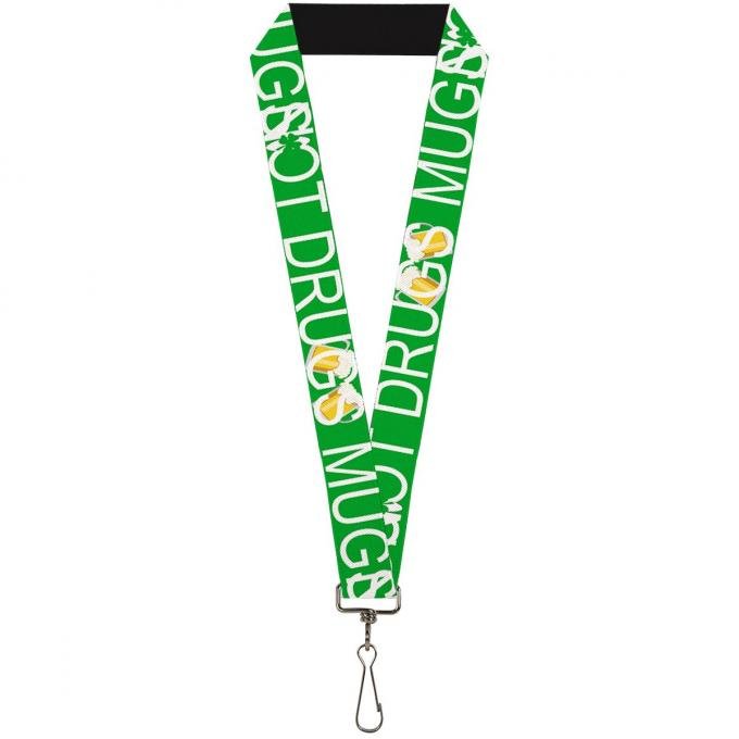 Buckle-Down Lanyard - St. Pat's MUG NOT DRUGS/Beer Mugs Green/White/Gold