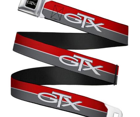 Plymouth GTX Emblem Full Color Black/Silver Fade/White Seatbelt Belt - Plymouth GTX Emblem/Stripe Red/White/Grays Webbing