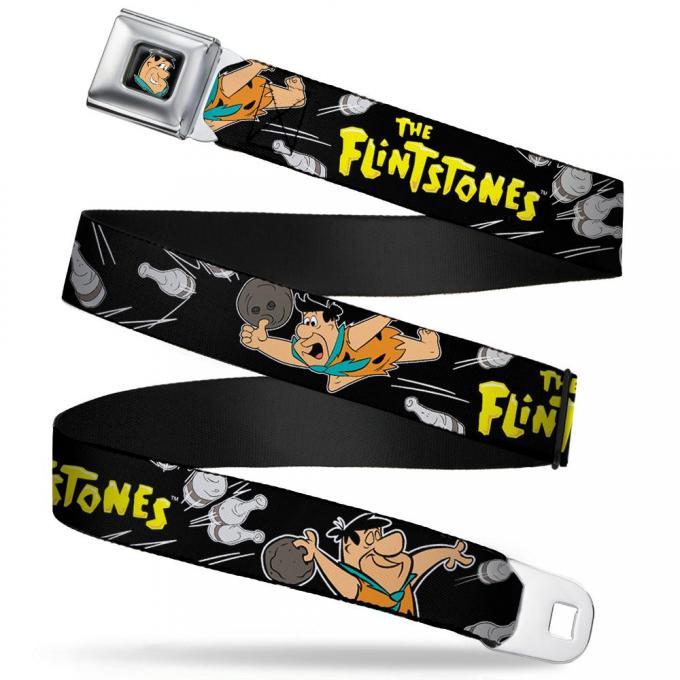 Fred Face Full Color Black Seatbelt Belt - THE FLINTSTONES Fred Bowling Poses/Bowling Pins Black Webbing