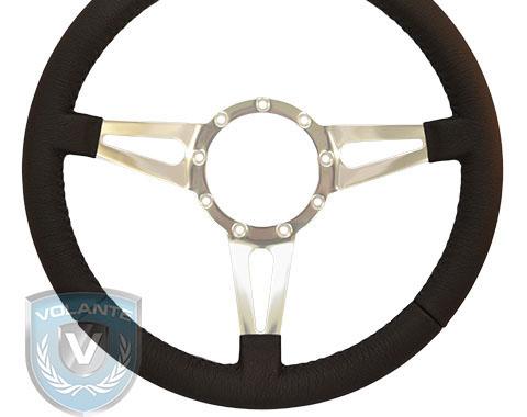 Volante S9 Premium Steering Wheel, Black Leather and Brushed Center, 3 Spoke with Slots