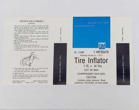 Camaro Tire Inflator Bottle Instructions Decal, 1967-1969