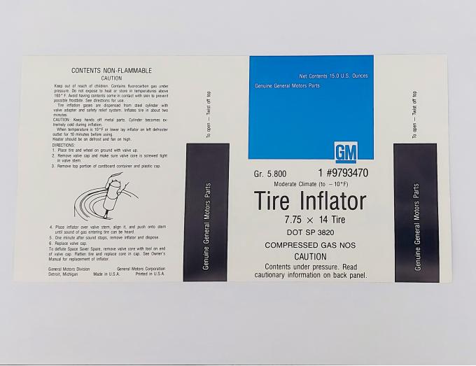 Camaro Tire Inflator Bottle Instructions Decal, 1967-1969