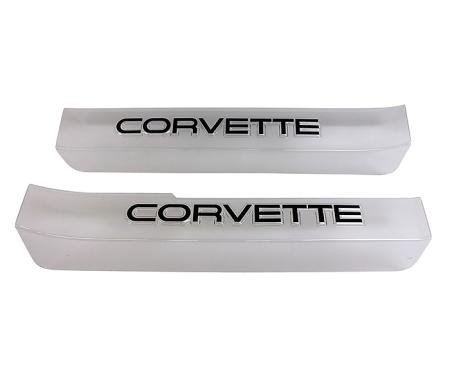 Corvette Sill Ease Protectors, Clear, With Black Letters, 1984-1987