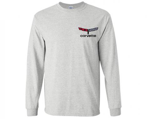 T-Shirt Long Sleeved With Your Choice Of Corvette Embroidered Logo Gray