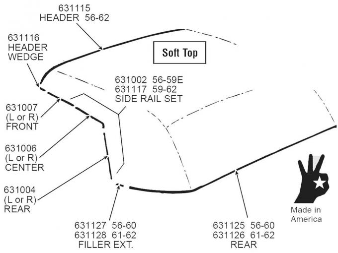 56-62 Soft Top / Convertible Top Side Rail Weatherstrip - Front Left