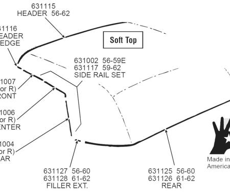 56-62 Soft Top / Convertible Top Side Rail Weatherstrip - Front Left