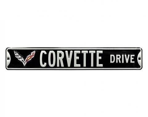 Corvette Drive Black Metal Street Sign - C7 Logo