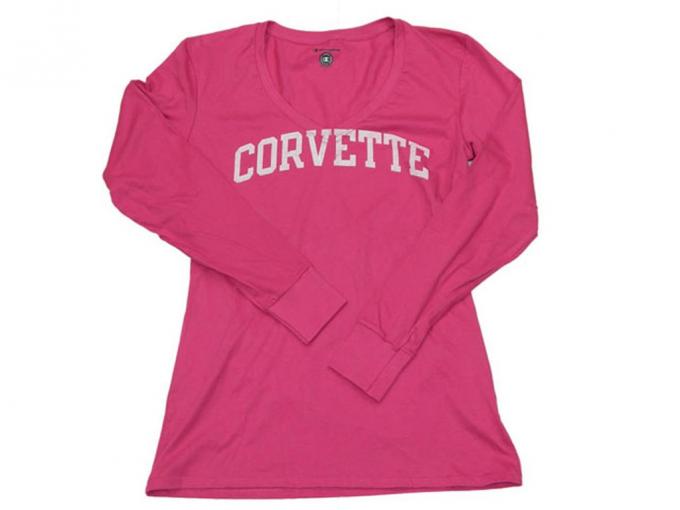 T-Shirt Womens Long Sleeve Pink With Corvette Script