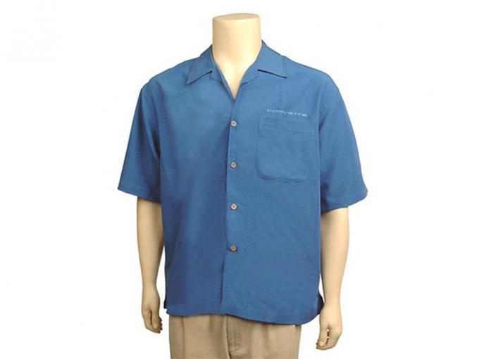 Shirt Blue Cubavera Camp Embroidered Script