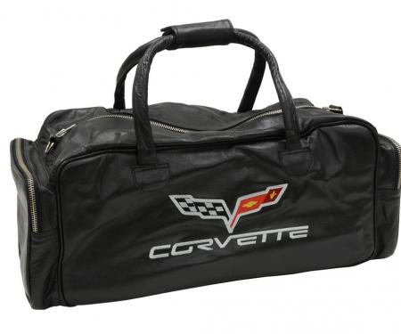 Black Leather C6 Embroidered Emblem Duffel / Travel Bag
