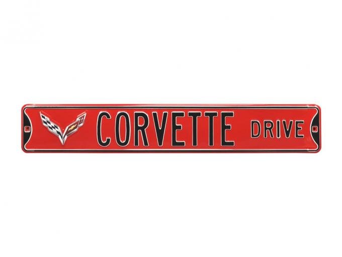 Corvette Drive Red Metal Street Sign - C7 Logo