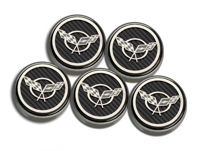 1997-2004 Corvette C5 & Z06 Fluid Cap Covers 5Pc Set With Carbon Fiber Crossed Flags,  Solid