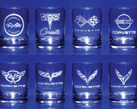 Corvette Glass 'Generations' Set of Eight 13 Ounce Glasses,1953 to 2020 Corvette Designs