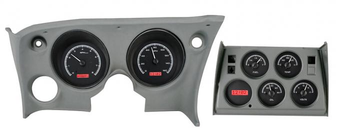 Corvette Dakota Digital VHX Instrument Set, Analog Clock, Black Alloy, Red Color, 1968-1977