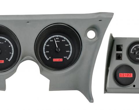 Corvette Dakota Digital VHX Instrument Set, Analog Clock, Black Alloy, Red Color, 1968-1977