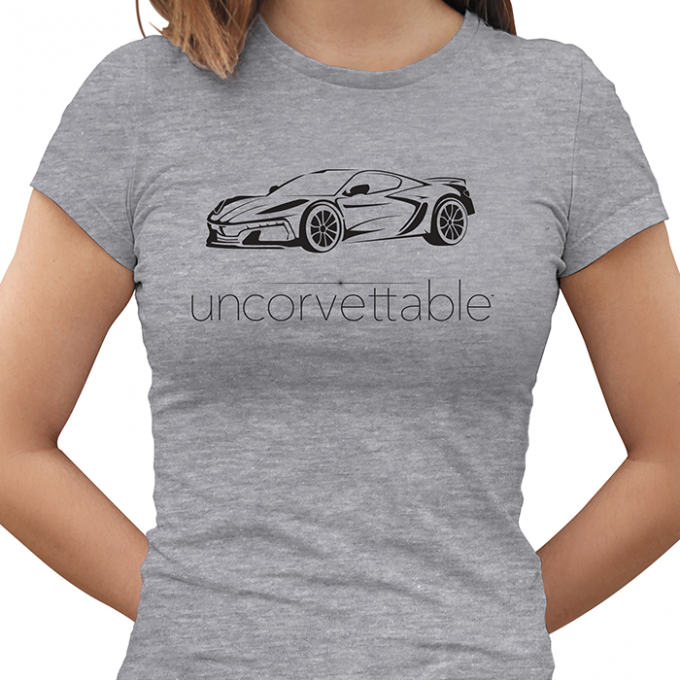 Corvette Depot "Uncorvettable" Ladies Tee, with 8th Generation Corvette, Heather Gray
