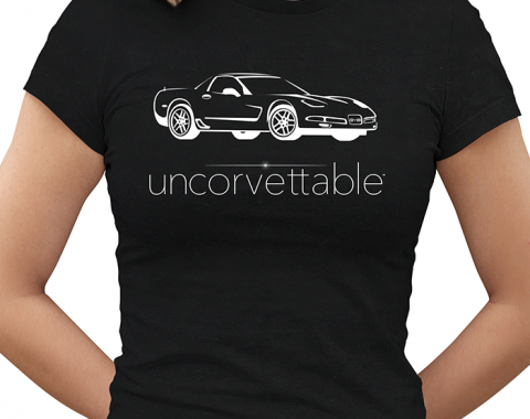 Corvette Depot "Uncorvettable" Ladies Tee, with 5th Generation Corvette, Black