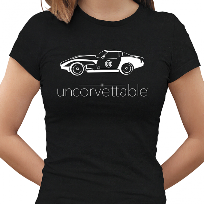 Corvette Depot "Uncorvettable" Ladies Tee, with 3rd Generation Corvette, Black