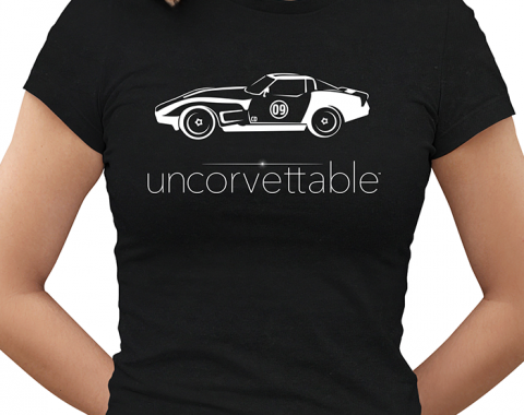 Corvette Depot "Uncorvettable" Ladies Tee, with 3rd Generation Corvette, Black