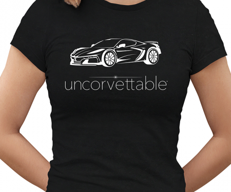 Corvette Depot "Uncorvettable" Ladies Tee, with 8th Generation Corvette, Black