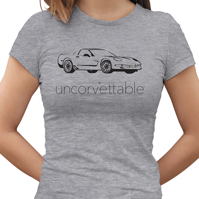 Corvette Depot "Uncorvettable" Ladies Tee, with 5th Generation Corvette, Heather Gray