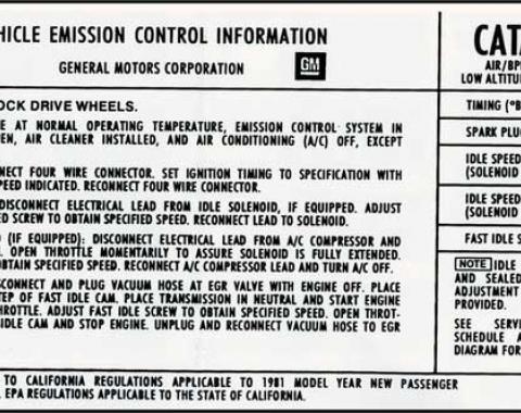 1981 Camaro Z28 350CI with Manual Transmission Emissions Decal (Code "ALX")