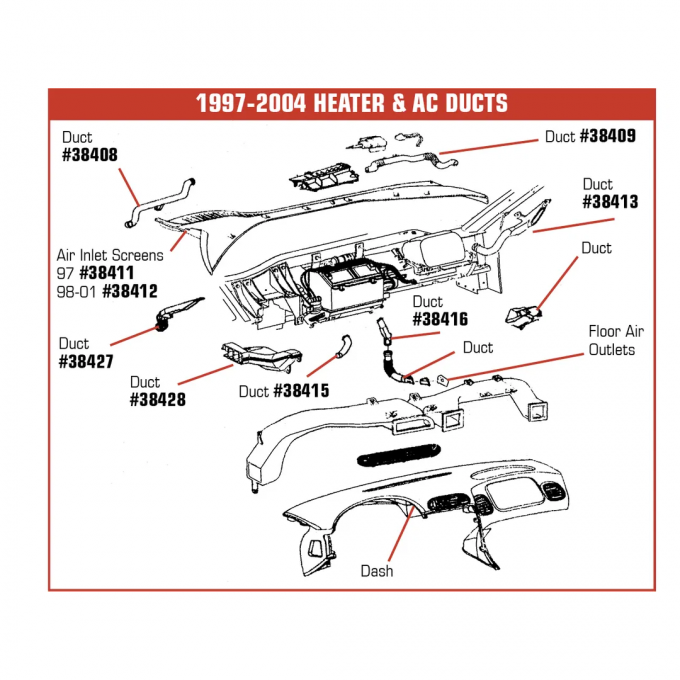 Corvette Side Windw Defroster Duct, Left Inboard, 1997-2004
