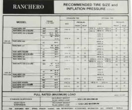 Tire Pressure Decal, Ranchero, 1974