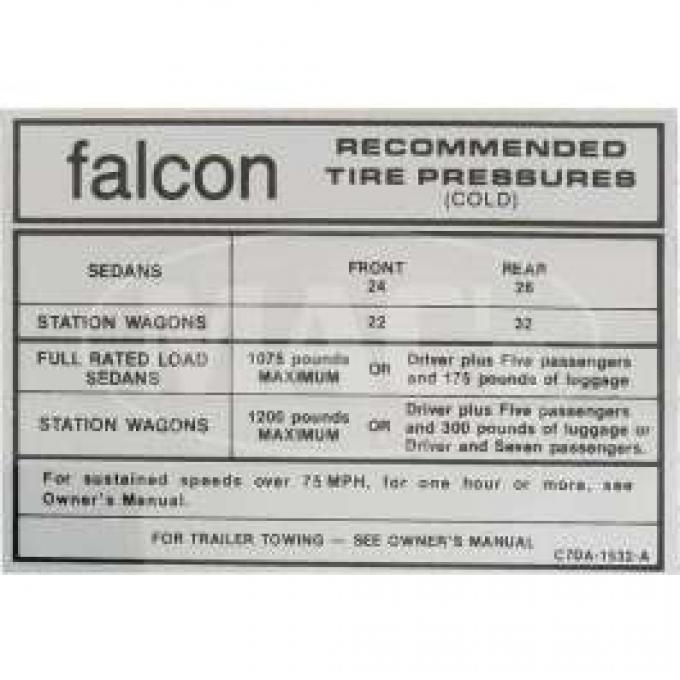 Tire Pressure Decal, Falcon, 1967