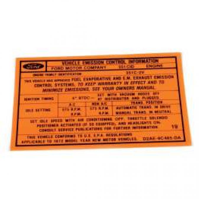 Emission Decal, 351-2V AT, (Before 1-72) Orange, Montego, 1972