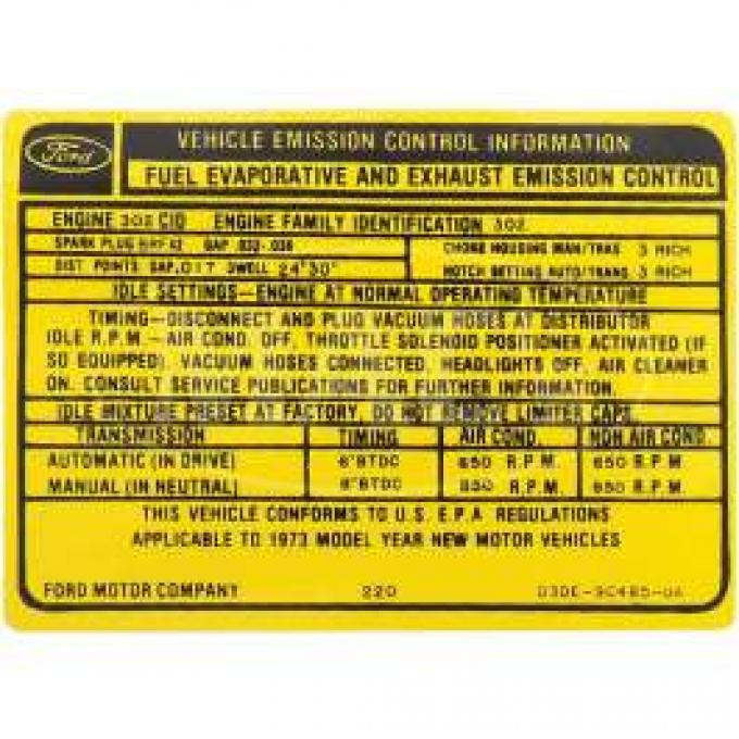 Emission Decal, 302-2V AT/MT, Montego, 1973