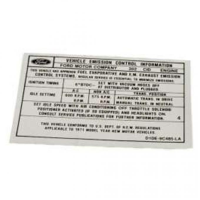 Emission Decal, 302-2V AT, Montego, 1971